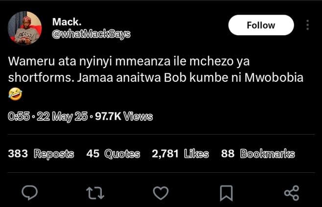 Mack. whatmacksays follow wameru ata nyinyi mmeanza ile mchezo ya shortforms. ja