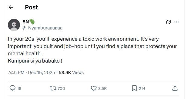 Post bn _nyamburaaaaaa in your 20s you'! 'il experience a toxic work environment