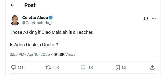 Post coletta aluda colettaaluda those asking if cleo malalah is a teacher is ade