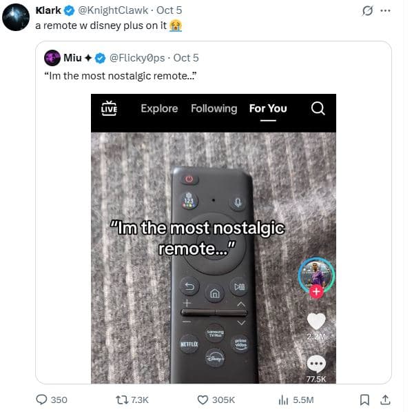 Klark knightclawk oct 5 remote w disney plus on miu flickyops . oct 5 im the mos