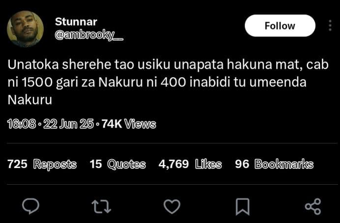 Stunnar ambfook follow unatoka sherehe tao usiku unapata hakuna mat, cab ni gari