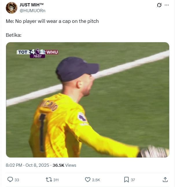 Just mihtm humuorn me no player will wear cap on the pitch betika tot whu 8.02 p