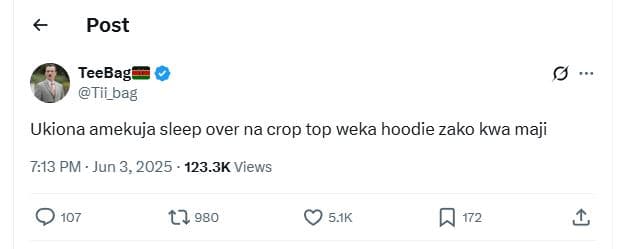 Post teebag tii_bag ukiona amekuja sleep over na crop top weka hoodie zako kwa m