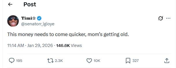 Post timivz senatorr_igioye this money needs to come quicker mom's getting old.