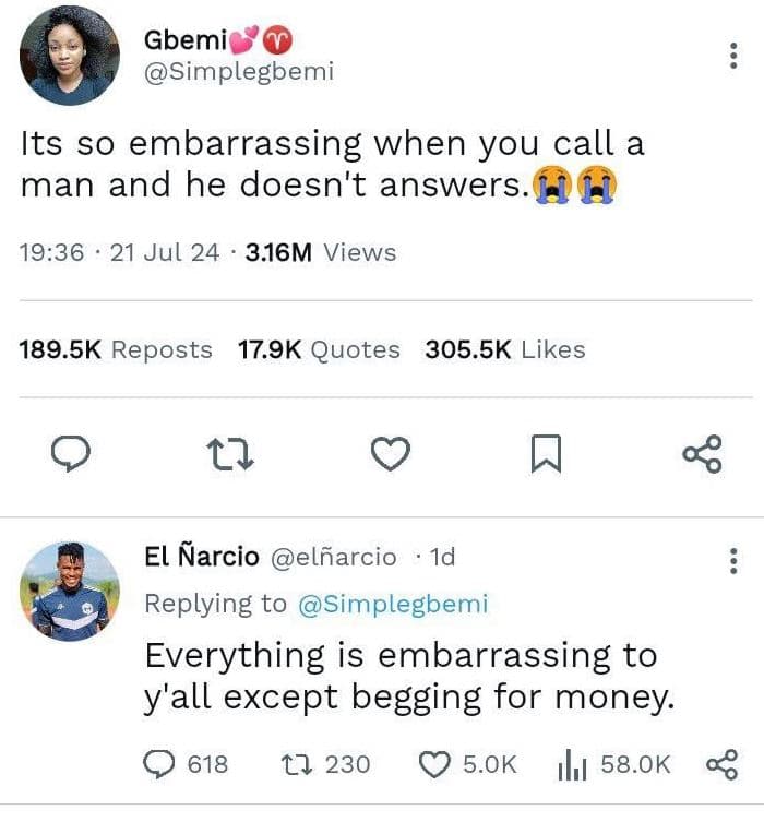 Gbemi simplegbemi its so embarrassing when you call a man and he doesn't answers