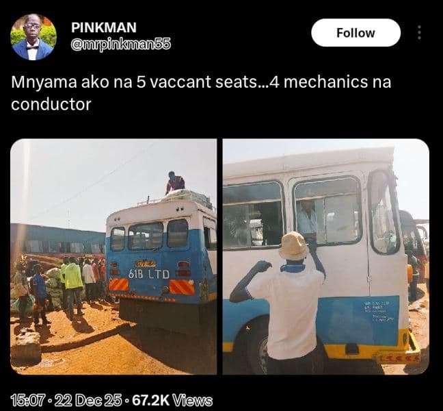 Pinkman nknan55 follow mnyama ako na 5 vaccant seats..4 mechanics na conductor 6
