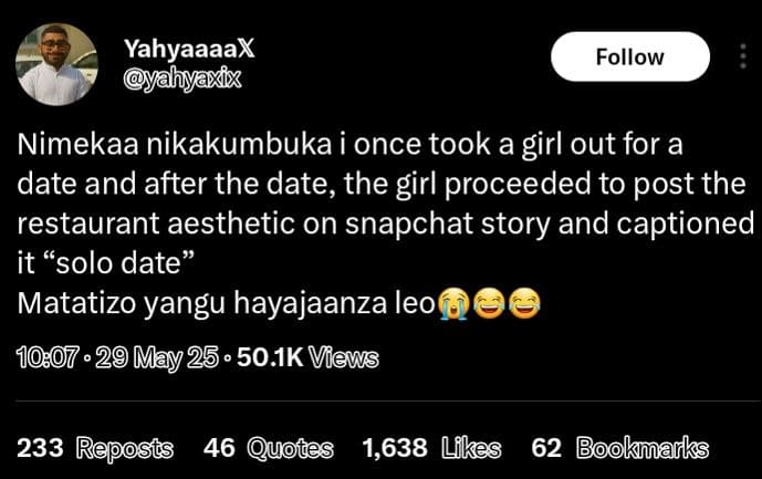 Yahyaaaax follow nimekaa nikakumbuka i once took a girl out for a date and after