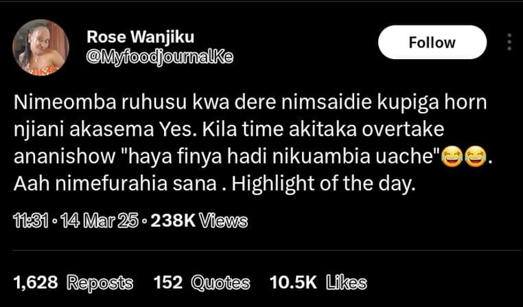 Rose wanjiku myfoodjounnalke follow nimeomba ruhusu kwa dere nimsaidie kupiga ho