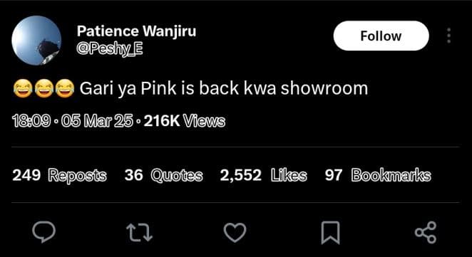 Patience wanjiru peshye follow gari ya pink is back kwa showroom 180 05 mar25 .