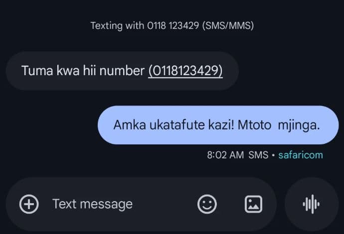 Texting with smsimms tuma kwa hii number amka ukatafute kazi! mtoto mjinga. 8.02