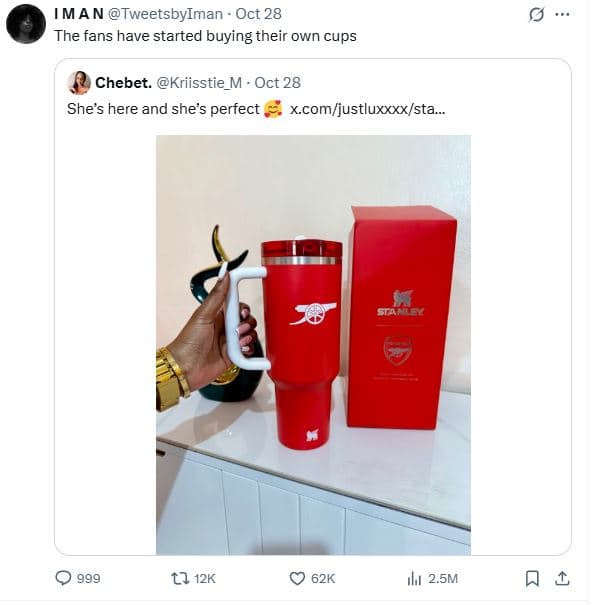 Iman tweetsbyiman oct 28 the fans have started buying their own cups chebet. kri