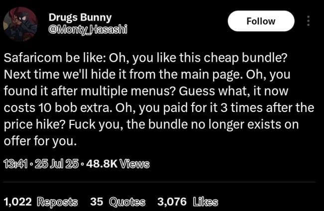 Drugs bunny mmoncy hasashi follow safaricom be like oh, you like this cheap bund