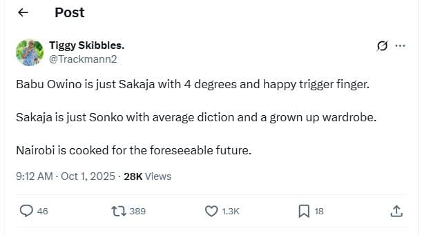 Post tiggy skibbles. trackmann2 babu owino is just sakaja with 4 degrees and hap