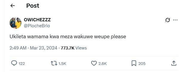 Post owichezzz piochebrio ukileta wamama kwa meza wakuwe weupe please 249 am mar