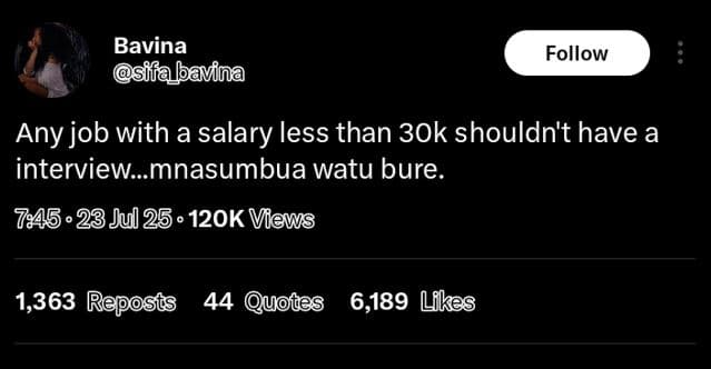 Bavina sifabavina follow any job with a salary less than 30k shouldn't have a in