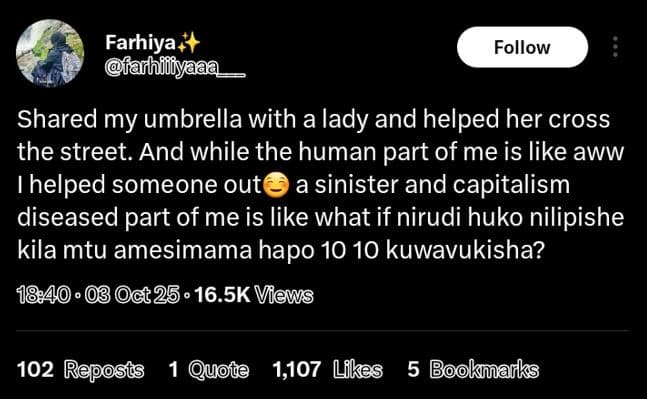 Farhiya fanhiliy follow shared my umbrella with a lady and helped her cross the