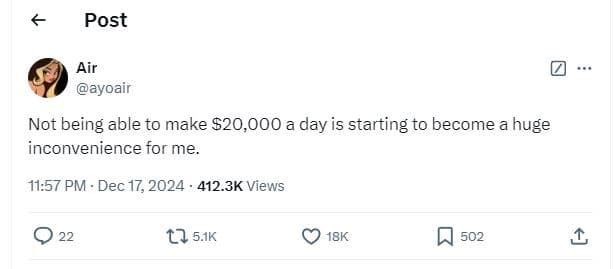 Post air ayoair not being able to make s20,000 a day is 'starting to become a hu