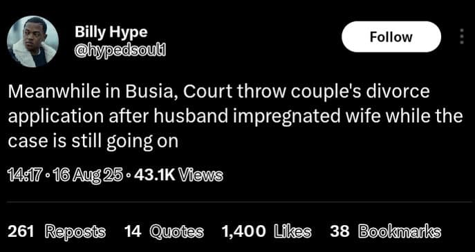 Billy hype phyppedsoug follow meanwhile in busia, court throw couple's divorce a