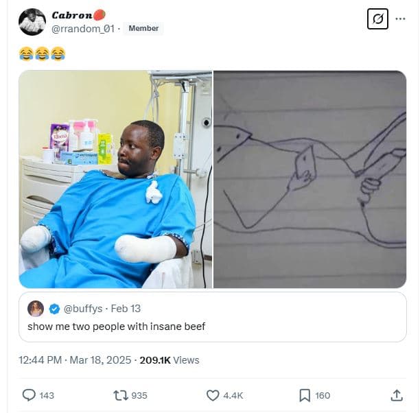 Cabron rrandom_01 member à2 buffys . feb 13 show me two people with insane beef