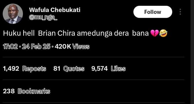 Wafula chebukati lu follow huku hell brian chira amedunga dera bana 17.02.24 feb