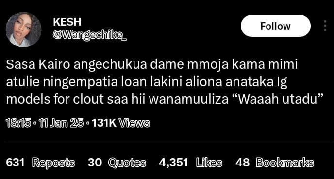 Kesh wangechike_ follow sasa kairo angechukua dame mmoja kama mimi atulie ningem
