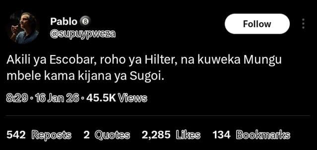 Pablo supuypweza follow akili ya escobar roho ya hilter na kuweka mungu mbele ka