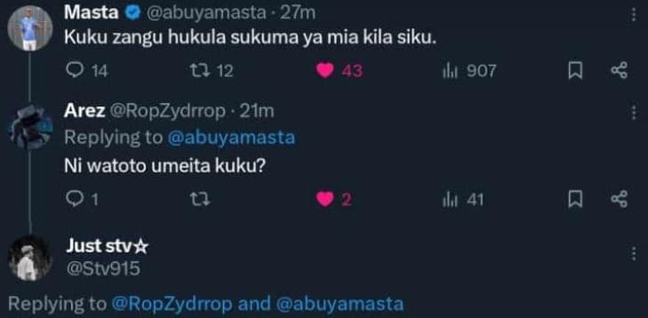 Masta abuyamasta 27m kuku zangu hukula sukuma ya mia kila siku. 0 14 l2 12 43 ah