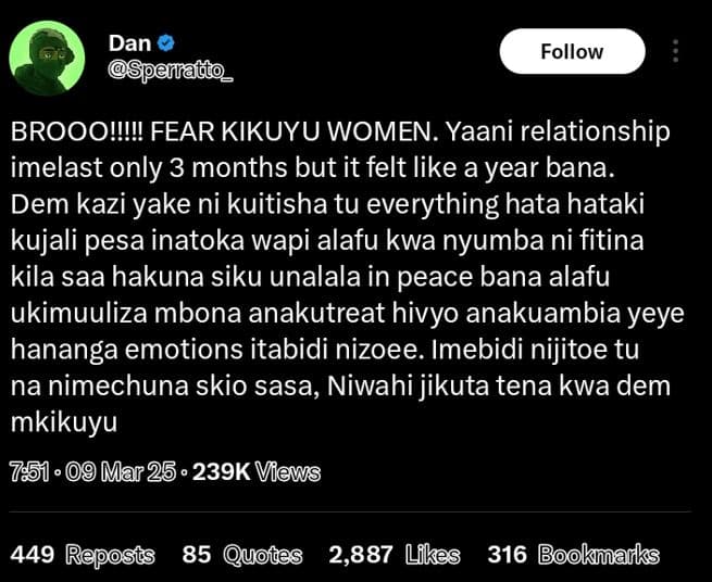 Dan peilatto_ follow broooi! fear kikuyu women. yaani relationship imelast only