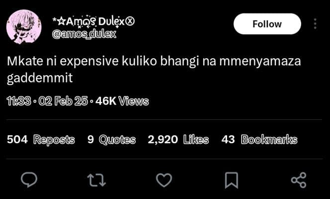 Kamoç dulex ammos dulex follow mkate ni expensive kuliko bhangi na mmenyamaza ga