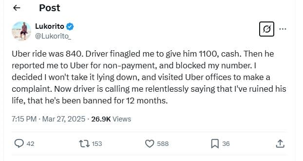 Post lukorito lukorito_ uber ride was 840. driver finagled me to give him , cash