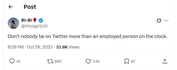 Post riri thickgirllriri don't nobody be on twitter more than an employed person