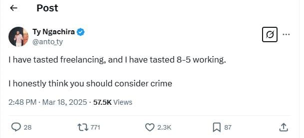 Post ty ngachira anto_ty 1have tasted freelancing, and i have tasted 85 working