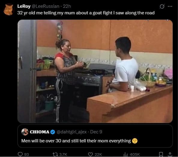 Leroy leerussian 22h 32yr old me telling my mum about a goat fight saw along the