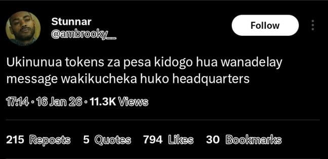 Stunnar ambfooky follow ukinunua tokens za pesa kidogo hua wanadelay message wak
