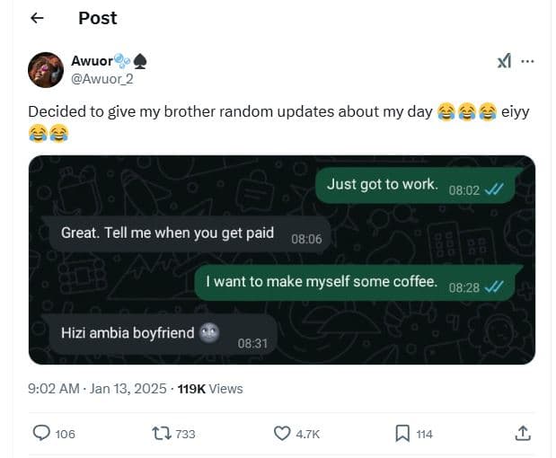 Post awuor awuor_2 decided to give my brother random updates about my day 2 6 ei