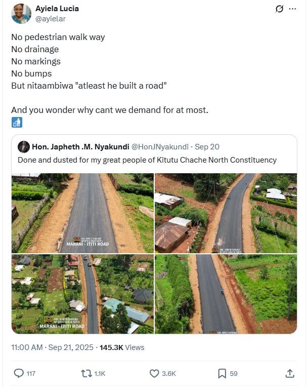 Ayiela lucia ayielar no pedestrian walk way no drainage no markings no bumps but