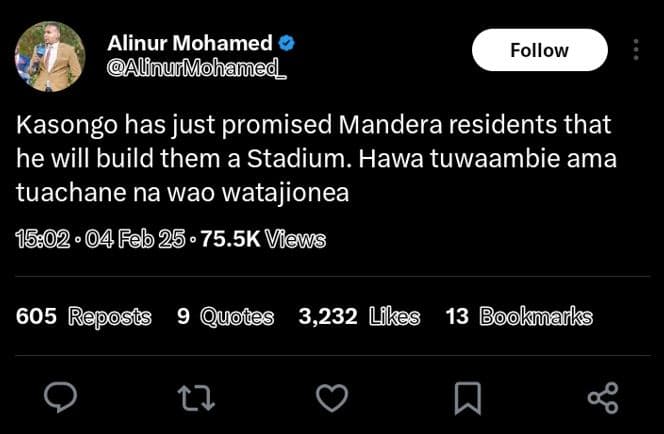 Alinur mohamed alfnurmohamed_ follow kasongo has just promised mandera residents