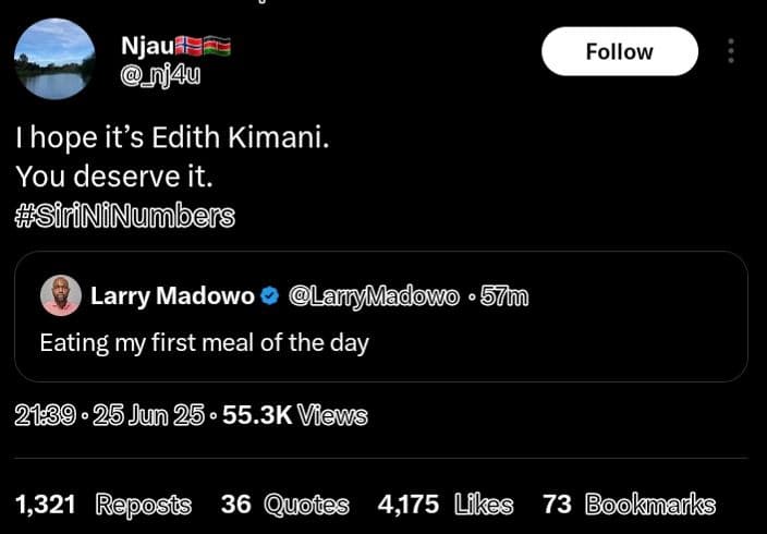 Njau nj4u follow hope its edith kimani. you deserve it. sfrinfnumbers larry mado