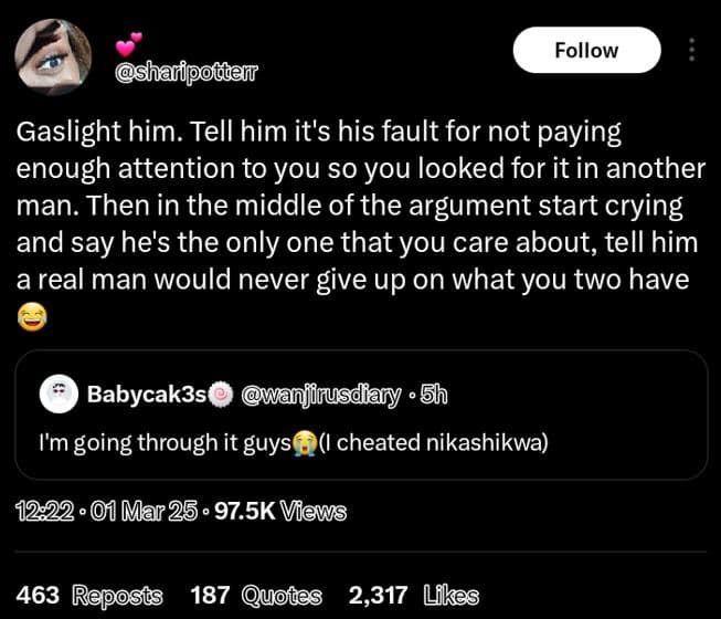 Follow sharipoiggenr gaslight him. tell him it's his fault for not paying enough