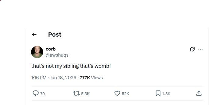 Post corb awshuqs thats not my sibling thats wombf 1.16 pm . jan 18, 777k views