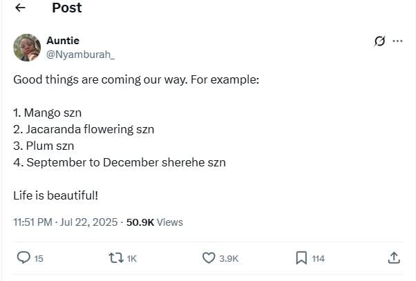 Post auntie nyamburah _ good things are coming our way. for example mango szn 2.