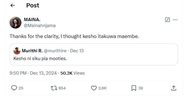 Post maina mainahnjama thanks for the clarity i thought kesho itakuwa maembe. mu