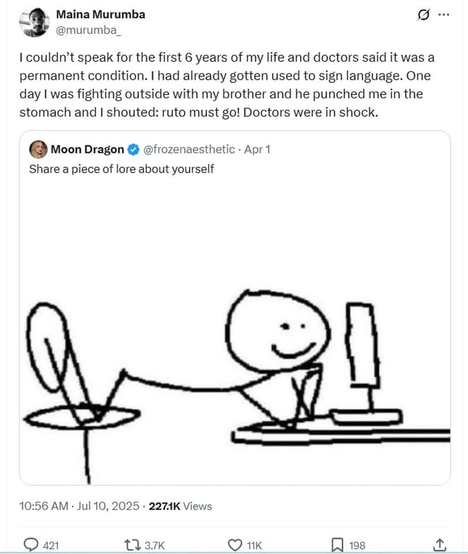 Maina murumba murumba couldn't speak for the first 6 years of my life and doctor