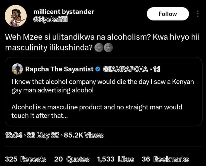 Millicent bystander myokaffon follow weh mzee si ulitandikwa na alcoholism? kwa