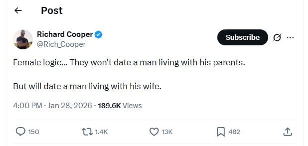 Post richard cooper rich_cooper subscribe female logic_ they won't date a man li