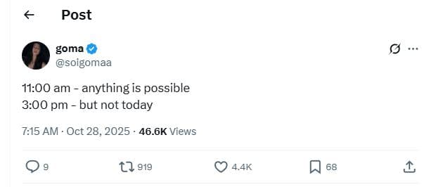 Post goma soigomaa 1100 am anything is possible 3.00 pm but not today 7.15 am oc