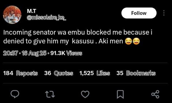 Mt issclaireke follow incoming senator wa embu blocked me because i denied to gi