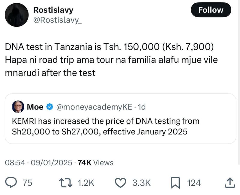Rostislavy rostislavy_ follow dna test in tanzania is tsh. 150,000 ksh. 7,900 ha