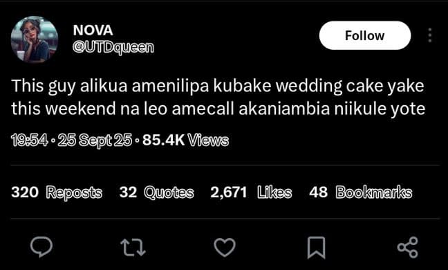 Nova utdqueen follow this guy alikua amenilipa kubake wedding cake yake this wee