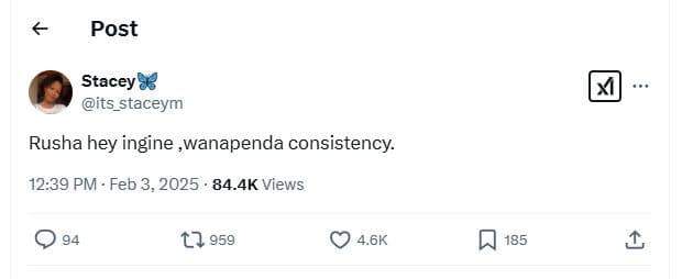 Post stacey 88 its_staceym rusha hey ingine ,wanapenda consistency 12.39 pm . fe